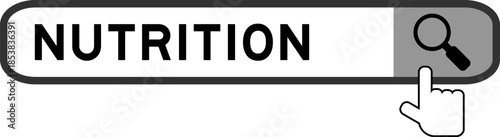 Search banner in word nutrition with hand over magnifier icon on white background