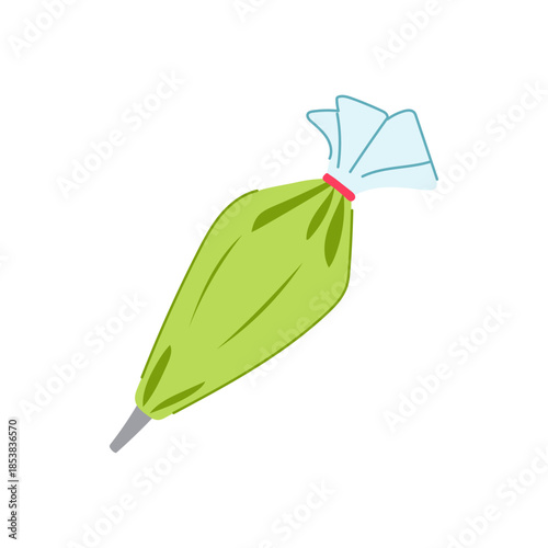 Green pastry bag prepared for professional confectionery work, ready to pipe cream, icing, or batter while decorating cakes, cupcakes, or sweet treats