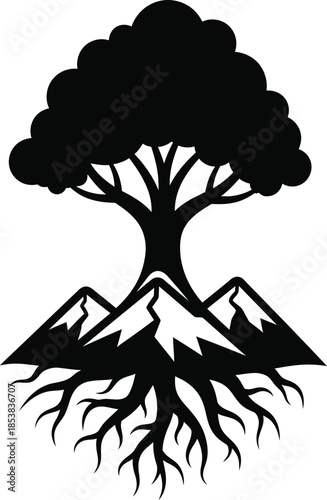 Black silhouette of a tree with roots growing into mountains on a white background abstract ancient