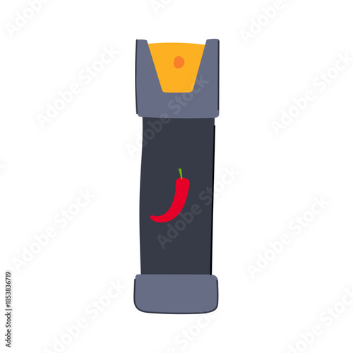 Pepper spray canister with red chili pepper icon on white background, symbolizing personal self defense, non lethal protection, safety, security and deterrence against threats
