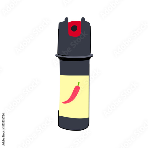 Pepper spray device with a chili label presenting self defense, personal safety, and non lethal protection against threats, emphasizing security and preparedness for emergencies