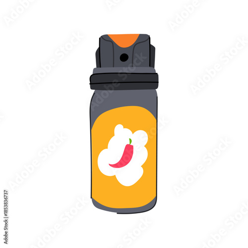 Pepper spray bottle showing illustration of a chili pepper, symbolizing a non lethal defense mechanism for personal security and protecting oneself in an emergency situation