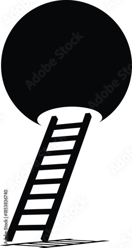 Black Silhouette Of A Ladder Leading Into A Dark Circular Opening On White Background abstract ascent