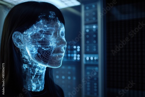 Digital representation of a human face in a futuristic setting with glowing lines and patterns