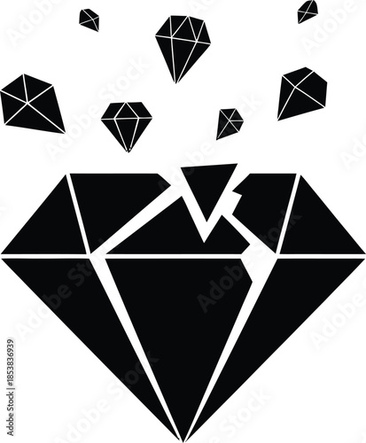 Black Geometric Diamonds Shattering and Floating Upwards on White Background jewel crystal