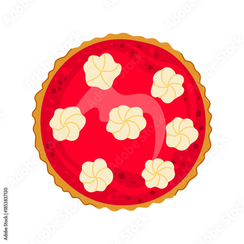 Whole dessert pie with vibrant red fruit filling and decorative piped whipped cream dollops, creating a sweet and festive treat from a top down perspective