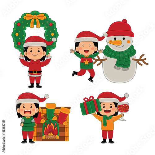 cute kids girl christmas vector illustration