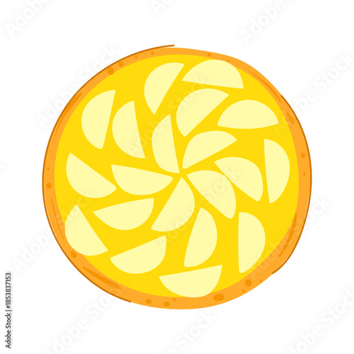 Round fruit tart with golden crust and neatly arranged fresh fruit slices, top view illustration ideal for bakery, menu, cafe, dessert, homemade baking and sweet culinary designs