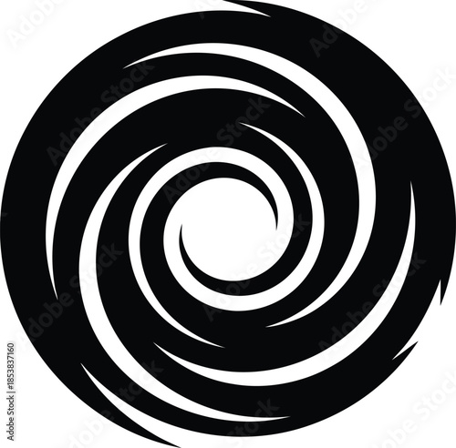 Black Swirling Vortex Shape with Jagged Edges on White Background spiral cyclone