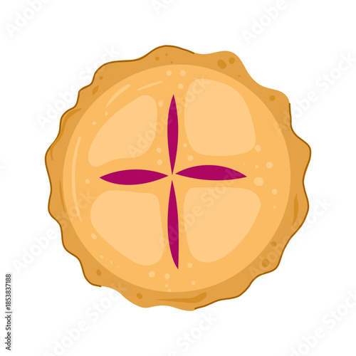 Whole baked fruit pie displaying a golden crust, crimped edge, and a central cross cut, representing homemade dessert, baking, and sweet treats from a direct overhead perspective
