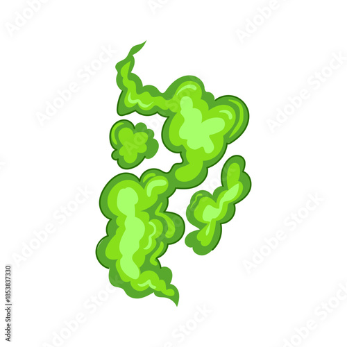 Cartoon drawing showing multiple irregular shapes of vibrant green smoke or gas spreading upwards, depicting concepts of toxicity, pollution, smell, or chemical hazards