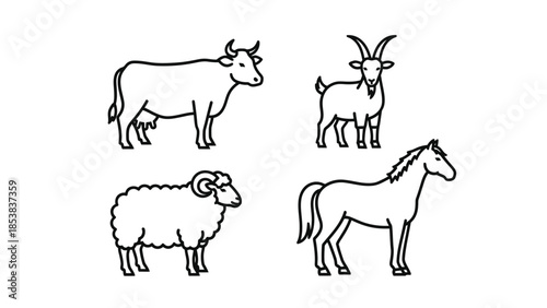 Set of four simple black and white line icons featuring common farm animals like a cow goat sheep and horse