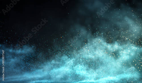 Blue dust light, particles, mist, smoke, haze, fog, stage, cinematic, lighting, sparkling particles overlay, isolated on black background for creative design projects