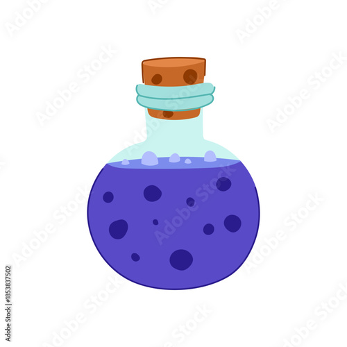 Round glass bottle with a cork stopper and sealed neck, filled with dark purple bubbling liquid depicting danger, magic, alchemy, and fantasy elements as a mysterious icon