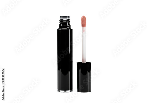 Sleek, high-gloss black lip gloss tube deconstructed with cap and doe-foot applicator showing clear, wet product on transparent background, concept for beauty product advertising