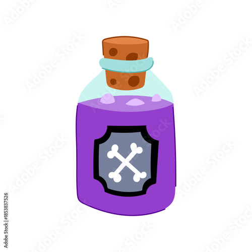 Cartoon purple potion bottle featuring a crossed bones symbol on its label, depicting danger, toxicity, and an enigmatic liquid for magic, halloween, or hazardous themes