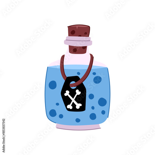 Poison potion bottle containing bright blue liquid with bubbles, featuring a cork stopper and a black tag displaying a white skull and crossbones symbol, representing danger and toxicity