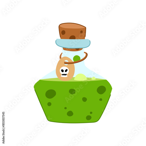 Glass bottle filled with bubbling green poison liquid, featuring a cork stopper and a brown hanging tag with a white skull symbol, representing danger, magic, and warning