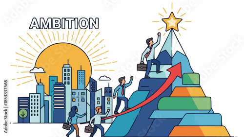 People climbing mountain towards star symbolizing ambition and success.