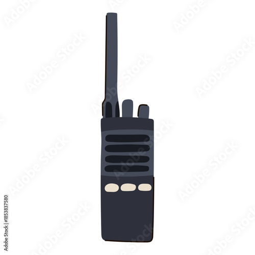 Dark radio transceiver with extended antenna and visible buttons on white background, portable wireless communication device symbolizing security, emergency response and network connection