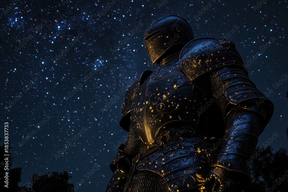 Fototapeta premium Knight in shining armor gazes at the starry night sky in a serene landscape