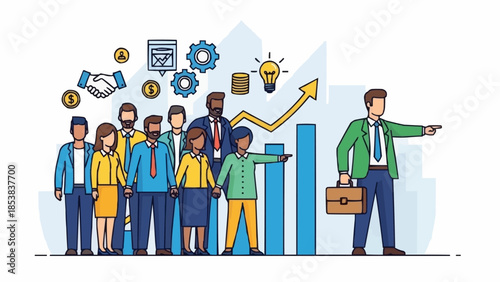 Diverse business team following a leader pointing towards growth and success.