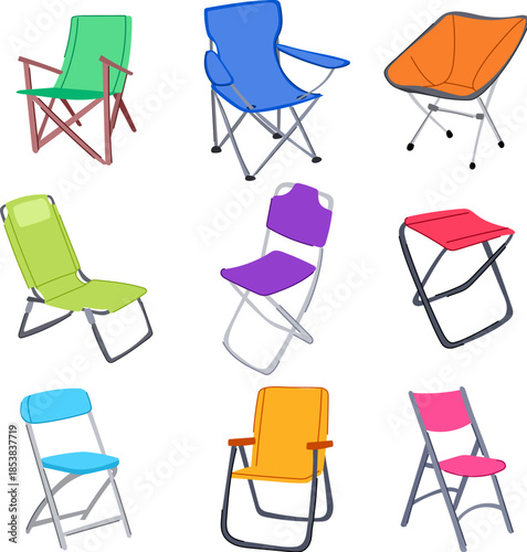 Portable folding chairs in an assortment of colors and designs, providing adaptable seating solutions for outdoor activities like camping, beach trips, and picnics