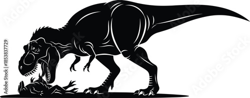 Powerful Tyrannosaurus Rex silhouette hunting prey, vintage dinosaur illustration, prehistoric predator scene for science education, museum graphics, and ancient wildlife.