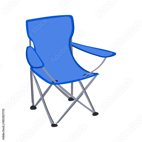Blue portable folding chair with a metal frame and armrests, representing comfort, relaxation, and leisure for outdoor activities like camping, fishing, and picnics