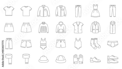 Collection of black outline icons representing various types of common clothing items and accessories for every occasion