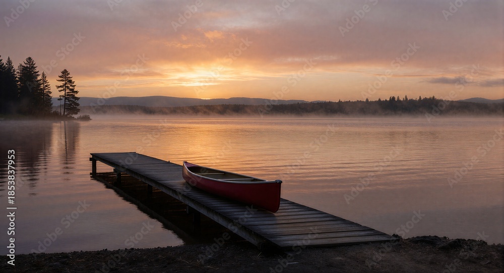 Fototapeta premium Red canoe rests by wooden dock on misty lake at golden sunrise, calm waters reflect dawn hues.