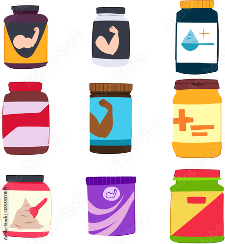 Collection of colorful nutrition jars featuring protein, creatine, and other supplements for muscle growth, bodybuilding, strength, and an active healthy lifestyle
