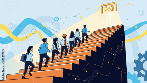 Diverse group of people climbing stairs towards success and opportunity.