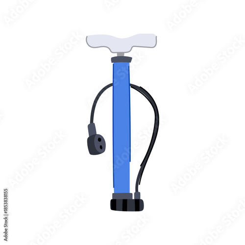 Blue manual hand pump standing upright, featuring a white handle and a black air hose with connector, representing equipment for bicycle maintenance and tire inflation