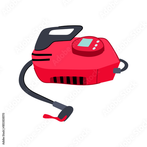 Red portable air compressor featuring a convenient carrying handle, digital display, and attached hose for easy inflation of car tires, sports equipment, and other inflatables