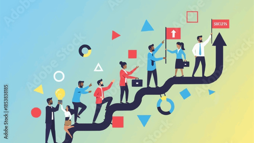 Team Climbing Upward Arrow Towards Success and Goals.