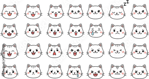 Cat face emotions, cute funny cat faces doodle hand drawn icon, kitty cartoon emoji with mouth, nose whiskers and eye in Japanese kawaii style, kawaii style, flat vector illustration
