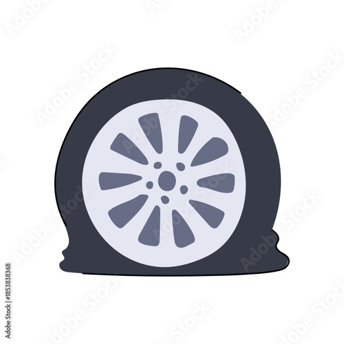 Punctured car wheel experiencing a flat tire, creating an unexpected vehicle breakdown and requiring urgent road assistance or auto repair service on the journey