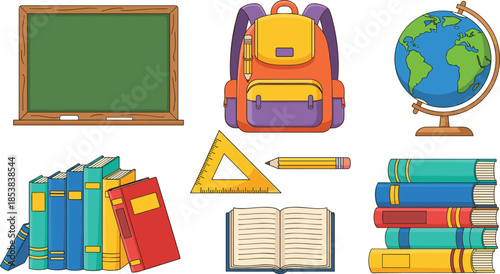 Colorful school education illustration set with chalkboard, backpack, globe, books, ruler, pencil, and learning materials for classroom and academic design use