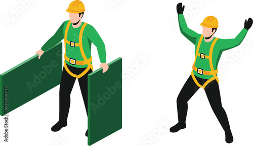 Construction Safety Illustration Featuring Workers in Hard Hats, Harnesses, and Protective Gear Demonstrating Proper Equipment and Occupational Safety Practices