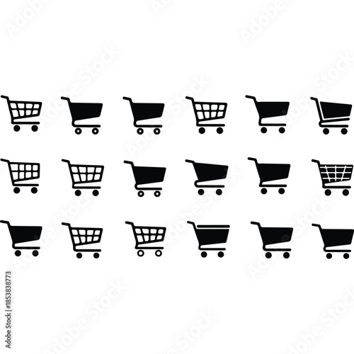 Shopping cart icon set. E-commerce outline icons. Add to cart button. Remove item symbol. Empty and full basket pictogram. Online store UI/UX vector graphic element.