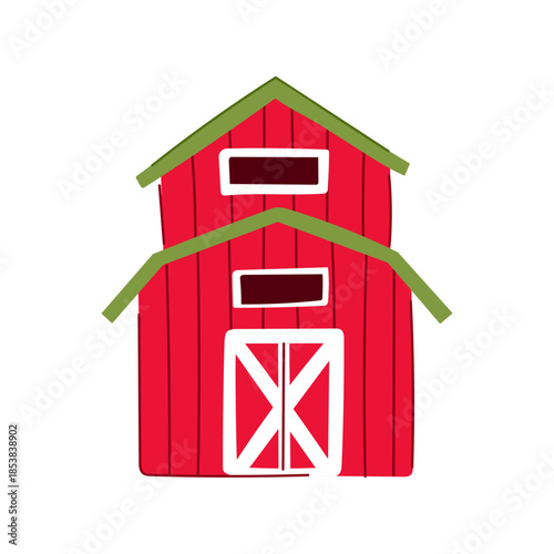 Simple red farm barn building illustration featuring a green roof and white doors, representing rural life, agriculture, and countryside architecture in a clean, flat design style