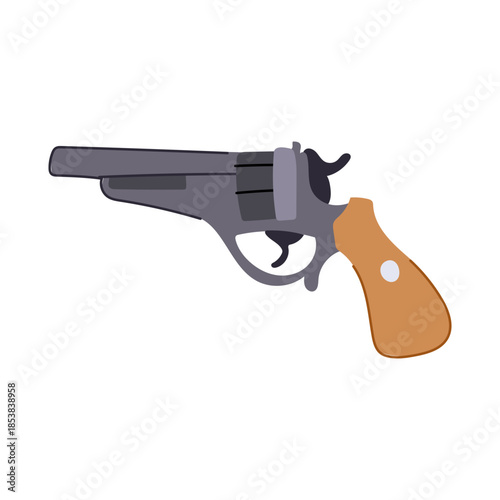 Grey metal revolver with brown wooden grip, isolated on white, vintage style handgun symbolizing law enforcement, self defense, danger and western era weaponry