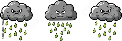 Cute angry rain cloud cartoon illustration set with expressive stormy weather characters and falling raindrops for fun forecast and design concepts