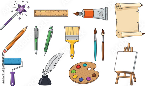 Creative art and craft tools illustration set featuring paint brushes, pencils, palette, ruler, scroll, easel, and drawing supplies for artistic design projects