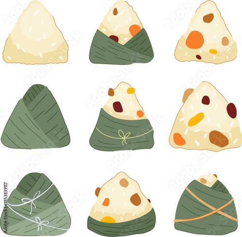 Collection of assorted zongzi triangular bamboo leaf wrapped glutinous rice dumplings with sweet and savory fillings, some unwrapped to show textures and ingredients, festive food