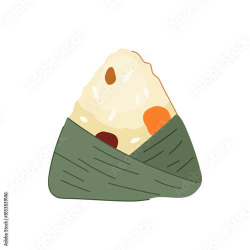 Zongzi traditional chinese specialty food showing glutinous rice and various fillings, commonly eaten during the dragon boat festival, presented in a flat illustration style