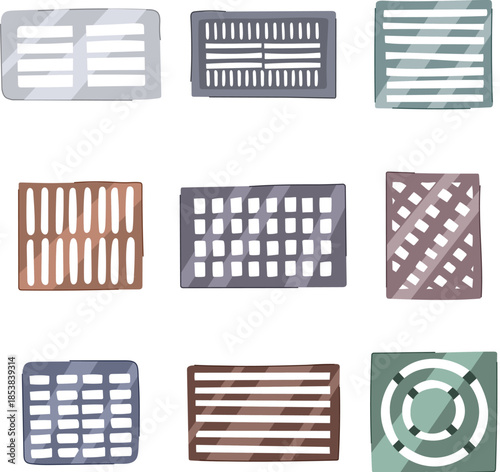Stylized collection of varied street drain grates and covers showing multiple grid patterns for urban stormwater runoff, infrastructure, and public works design and maintenance