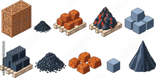 Isometric construction materials collection showing crates, coal, bricks, concrete blocks and stone resources for industrial building projects in detailed vector illustration
