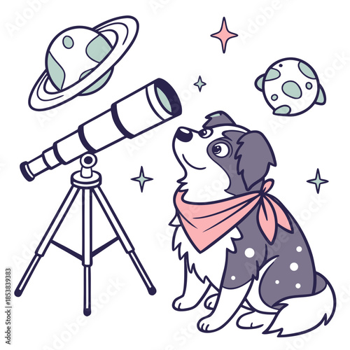 Vector illustration of a Bashful Australian Shepherd with with a scarf, styled in a Galaxy Dreams theme using Starlight Mix colors
